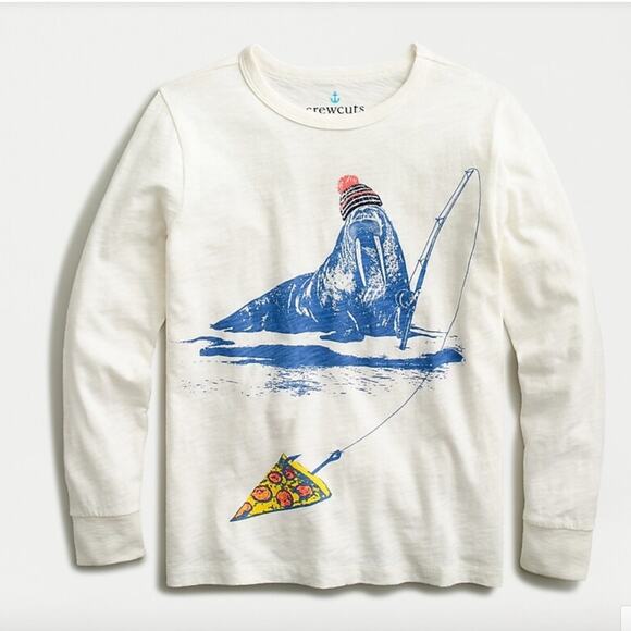 **NWT J. Crew Boys' Ivory W/Fishing Pizza Walrus Graphic Long Sleeve Tee -2 - Picture 8 of 8